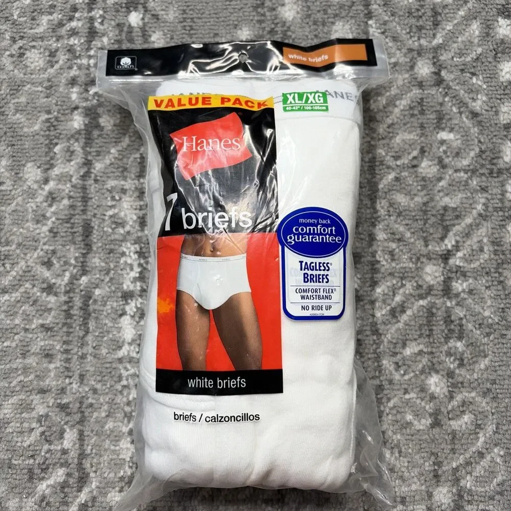 HANES 7 Pack Tagless Briefs NEW White Size XL 40
